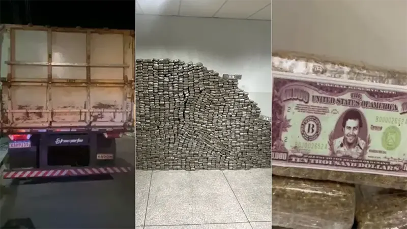 Polícia apreende mais de 2 toneladas de maconha com rosto de Pablo Escobar em carreta bitrem em MG
