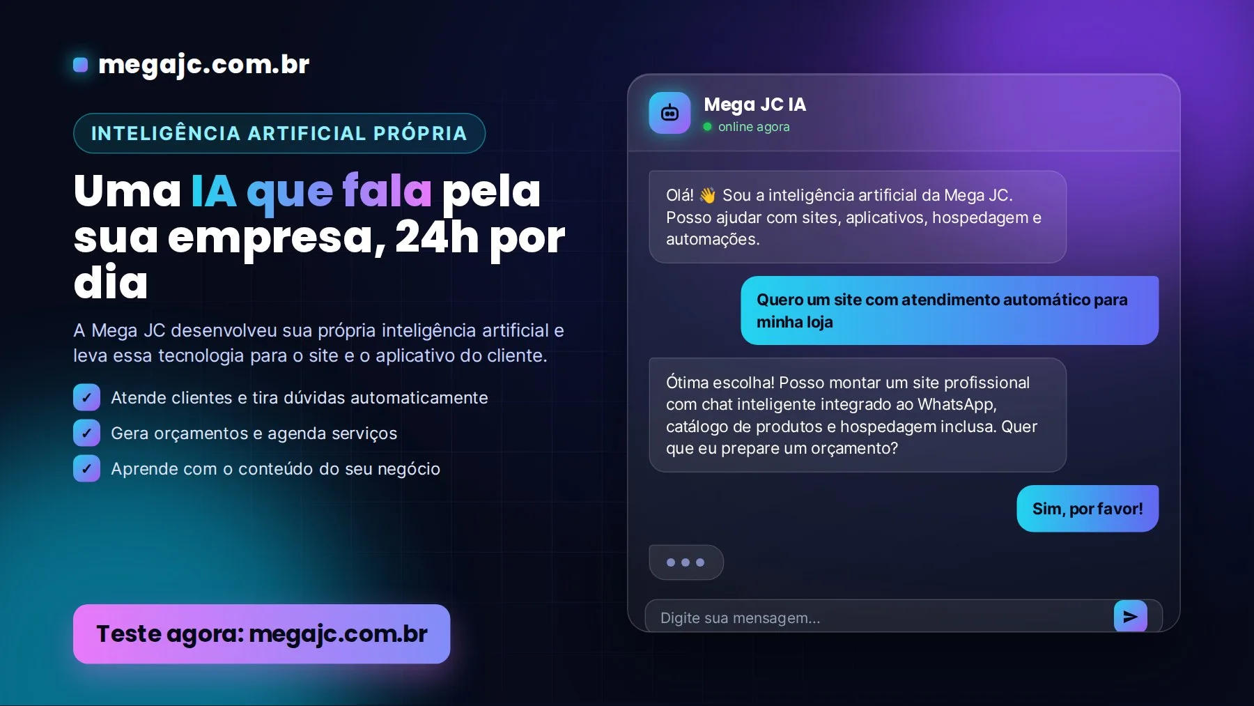 IA própria da Mega JC em megajc.com.br atendendo clientes 24 horas