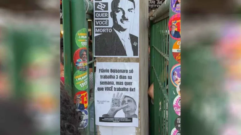 Cartaz com Flávio Bolsonaro como Hitler colocado na UnB não tinha autorização, diz universidade