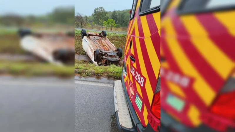 Carro capota em forte chuva na BR-070, em Águas Lindas, e quatro pessoas ficam feridas