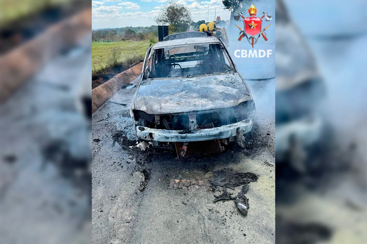 Carro é destruído por incêndio na DF-290, no Núcleo Rural Ponte Alta