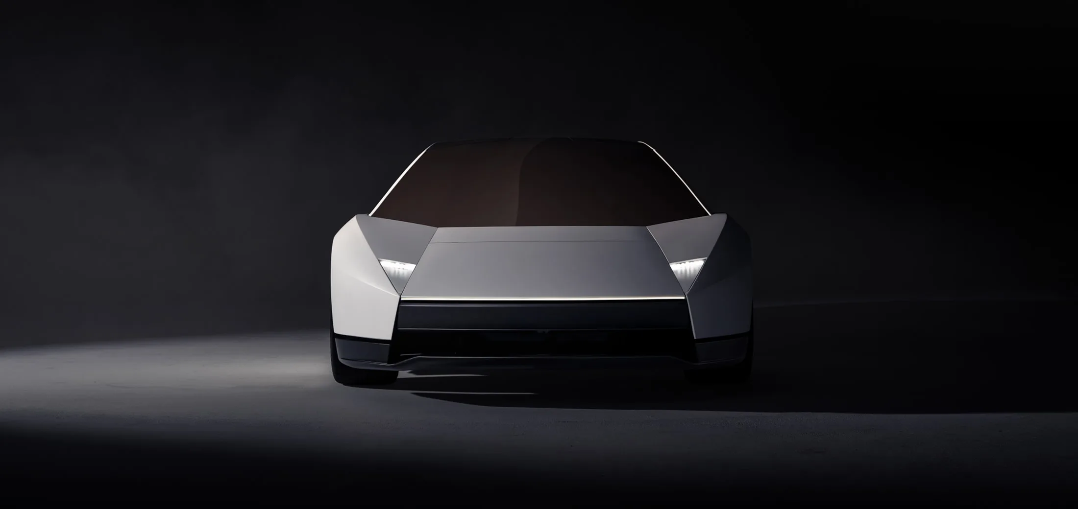 Vista frontal do novo Tesla Roadster, com faróis escondidos e linhas angulares