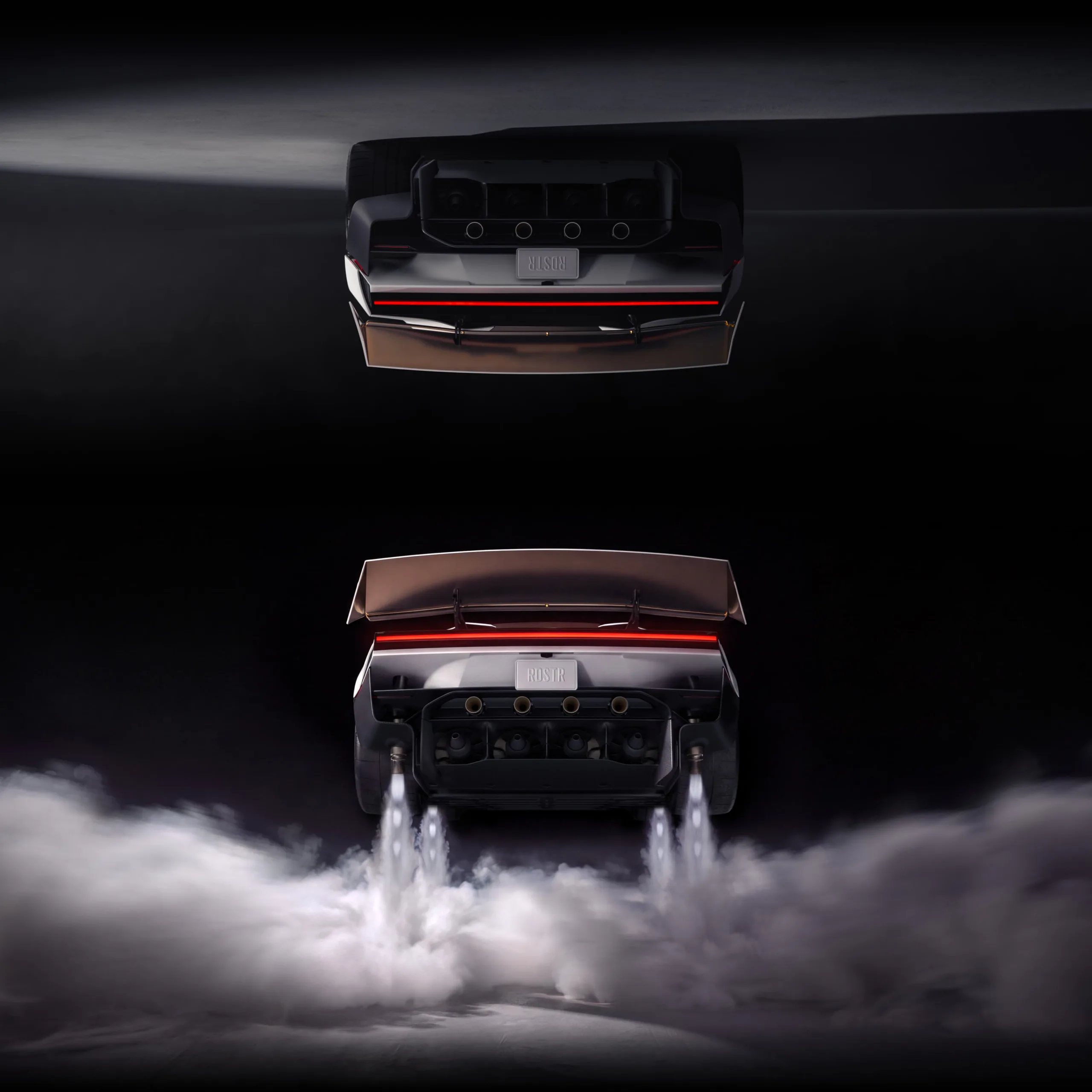 Traseira do Tesla Roadster com propulsores acionados e vapor saindo dos bocais